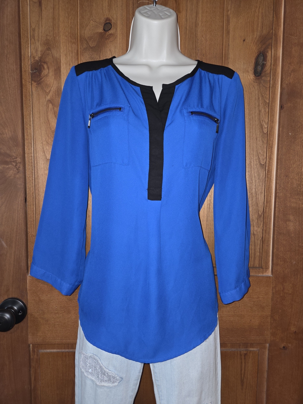 My Michelle Cobalt Blue Blouse with‎ Black Trim and Zip Pockets